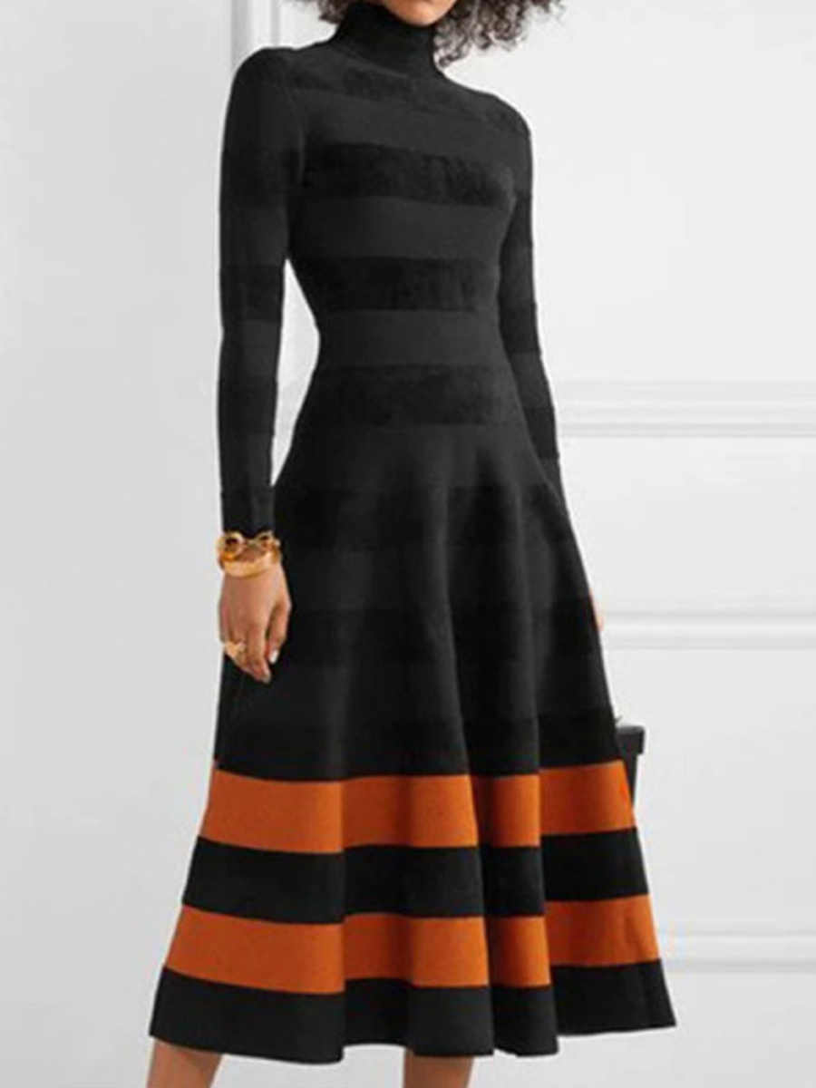 High neck long sleeve striped stitching midi dress