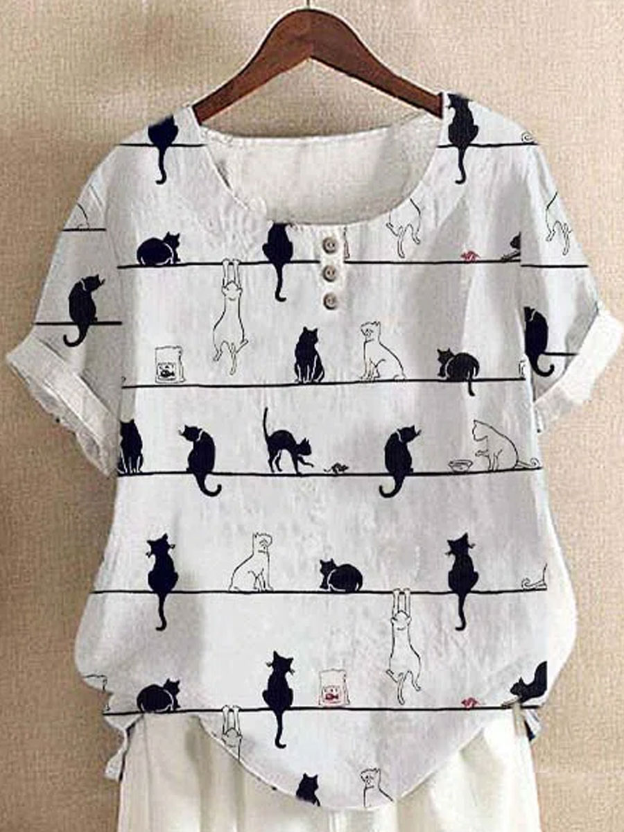 Round Neck Casual Loose Cat Print Short Sleeve Blouse