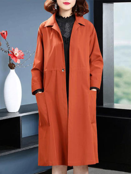Square Collar Long Sleeve Solid Color Trench Coat