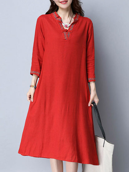 Vintage Cotton And Linen V-neck Shift Dress