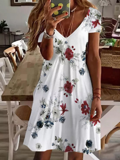 V-neck Fashion Print Loose Dress