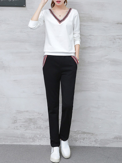 V Neck  Contrast Trim Sweatshirt Suit