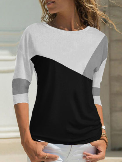 Women's Long Sleeve Patchwork Color T-shirt