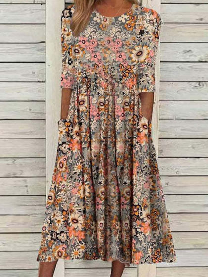 Round Neck Casual Loose Printed Short Sleeve Midi Dress