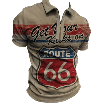 Men's Outdoor Vintage Route 66 Print Zip Lapel T-Shirt